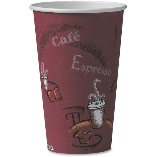 Solo 16 oz Bistro Design Disposable Paper Cups - Bistro - 16 fl oz - Maroon - Polyethylene - Hot Drink, Coffee, Tea, Coc