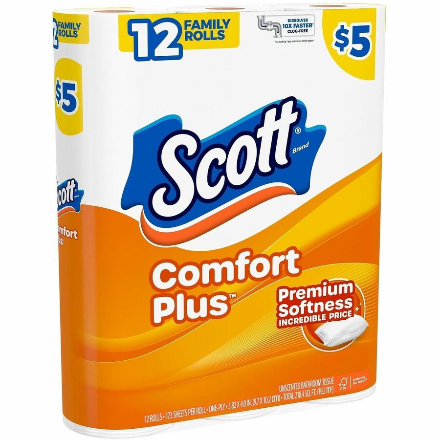 Scott ComfortPlus Toilet Paper - 1 Ply - 173 Sheets/Roll - White - Paper, Plush - 4 / Carton
