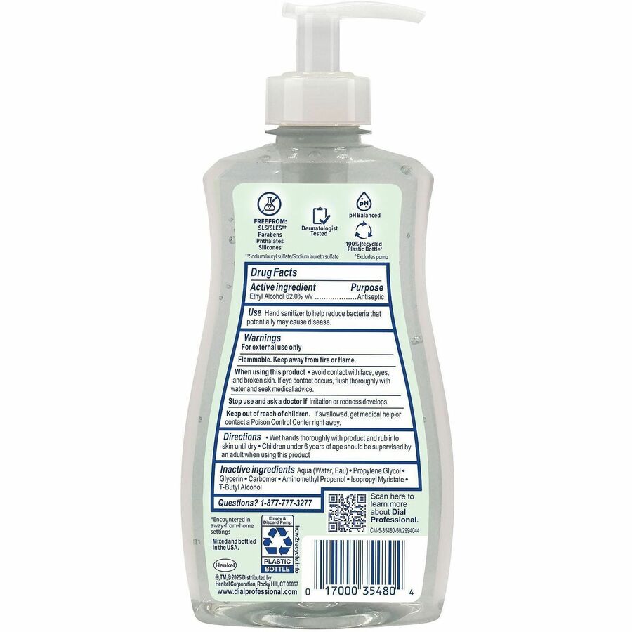 Dial Professional Hand Sanitizer Gel - Fragrance-free Scent - 11 fl oz - Pump Dispenser - Bacteria Remover - Hand - Mois
