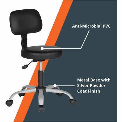 NuSparc Anti-Microbial PVC Stool with Seat Back - Black - Polyvinyl Chloride (PVC) - 1 Each