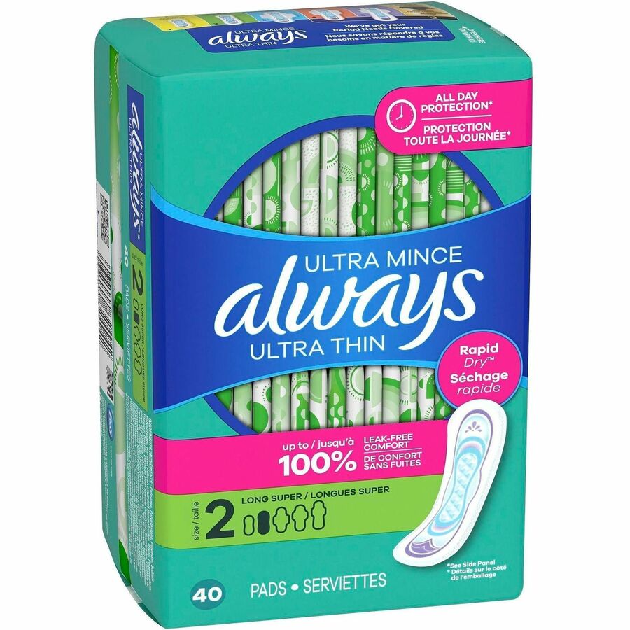 Always Ultra Thin Size 2 Long Super Pads, Unscented - Size 2 - Super - Unscented, Absorbent, Anti-leak, Odor-absorbing, 
