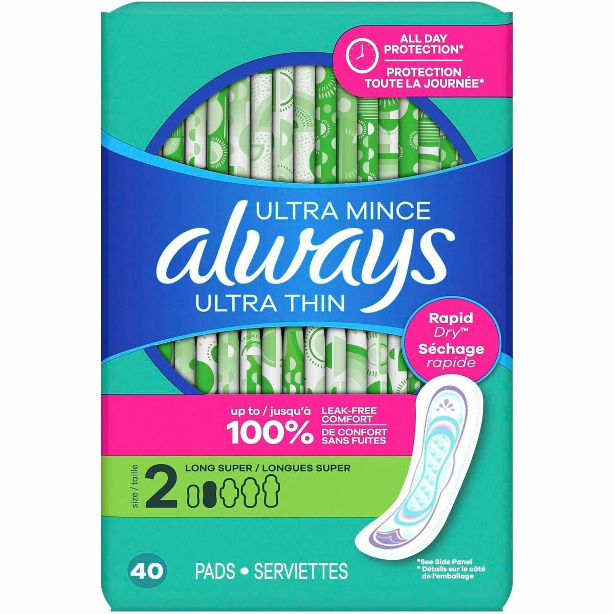 Always Ultra Thin Size 2 Long Super Pads, Unscented - Size 2 - Super - Unscented, Absorbent, Anti-leak, Odor-absorbing, 