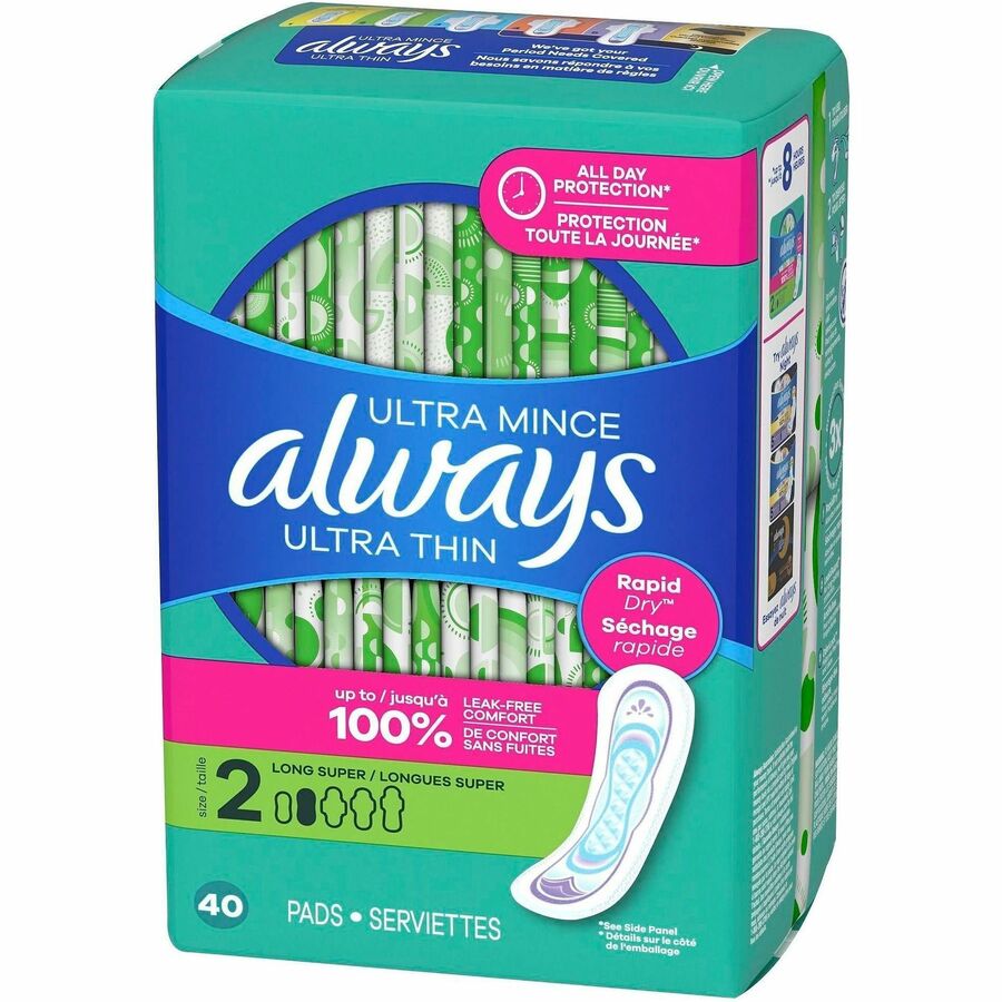 Always Ultra Thin Size 2 Long Super Pads, Unscented - Size 2 - Super - Unscented, Absorbent, Anti-leak, Odor-absorbing, 