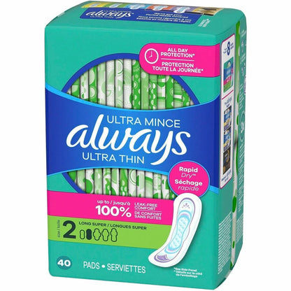 Always Ultra Thin Size 2 Long Super Pads, Unscented - Size 2 - Super - Unscented, Absorbent, Anti-leak, Odor-absorbing, 