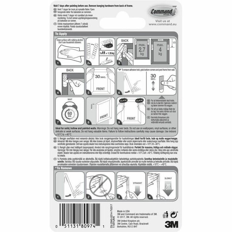 Command Medium Adhesive Picture Hanging Strips - 6 lb (2.72 kg) Capacity - 0.7" Width x 2.8" Length - Adhesive - Medium 