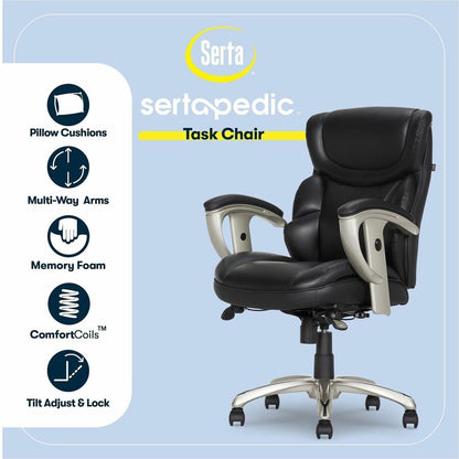 Serta Chair - Black Seat Color - Black Back Color - Mid Back - Black - MDF, Memory Foam, Bonded Leather - Armrest - 1 Ea