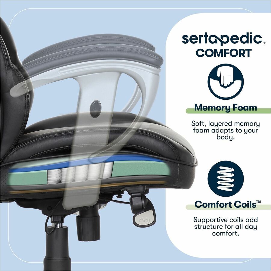 Serta Chair - Black Seat Color - Black Back Color - Mid Back - Black - MDF, Memory Foam, Bonded Leather - Armrest - 1 Ea
