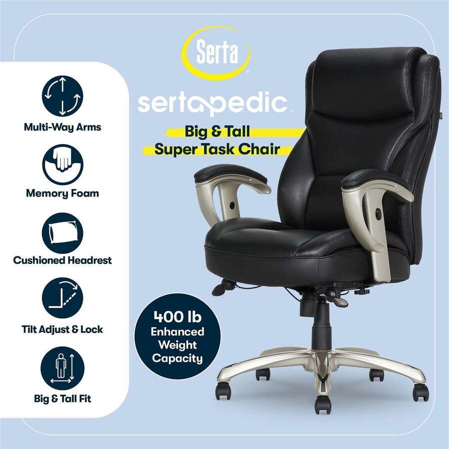 Serta Emerson Big & Tall Task Chair - Black Seat Color - Black Back Color - High Back - Black - MDF, Memory Foam, Bonded