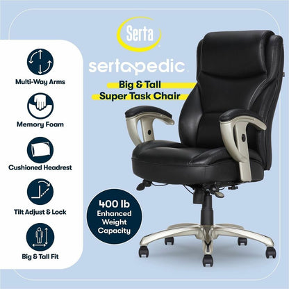 Serta Emerson Big & Tall Task Chair - Black Seat Color - Black Back Color - High Back - Black - MDF, Memory Foam, Bonded