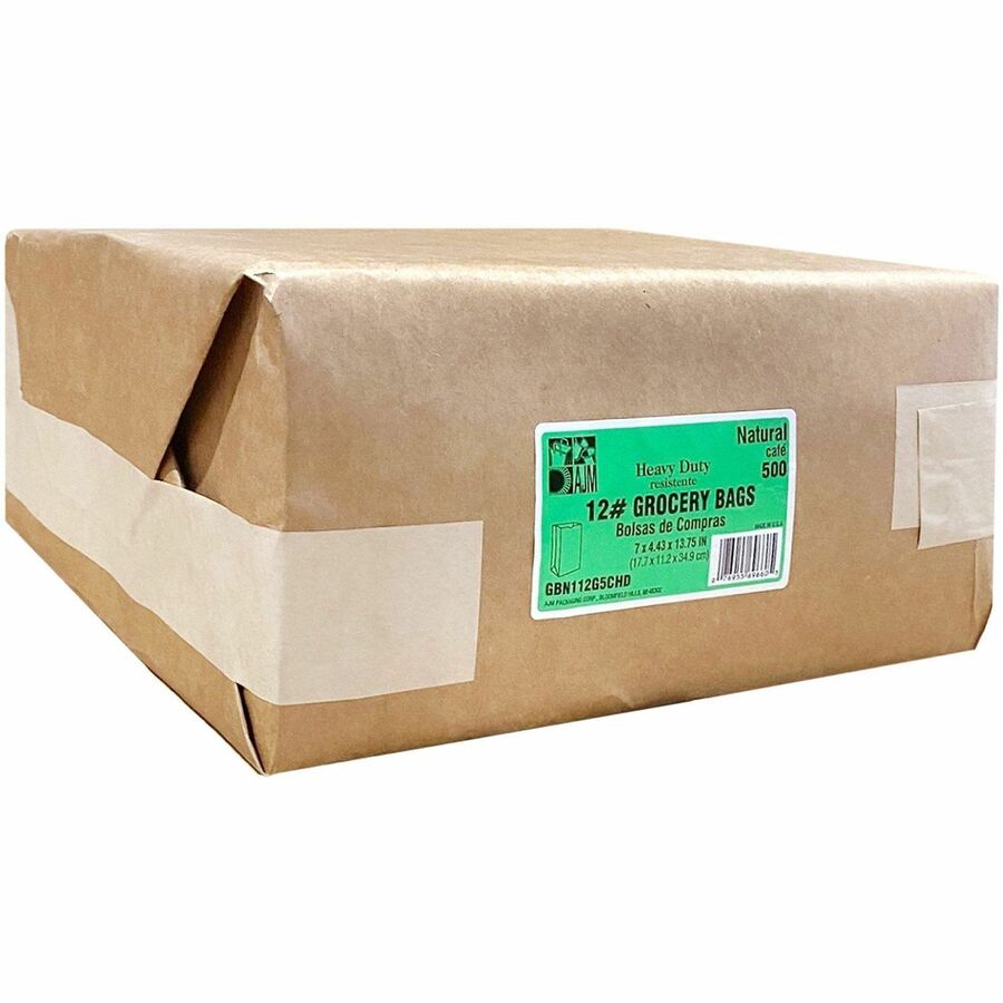 AJM #12 Squat Heavy-Duty Kraft Paper Grocery Bags - #12 - Natural Kraft - Paper - Grocery, Supplies - 500 / Carton