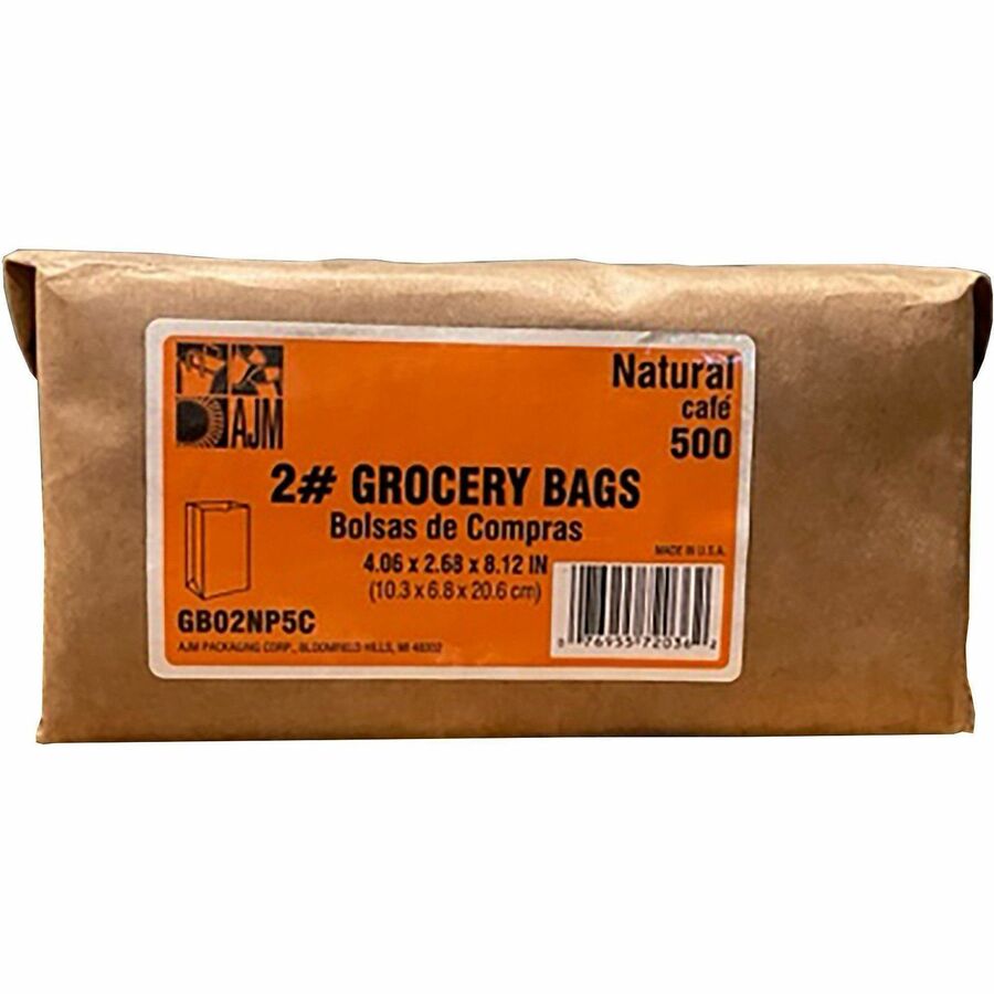 AJM #2 Kraft Paper Grocery Bags - #2 - 2.40" Length x 4.30" Width - Brown - Paper - Grocery, Supplies - Recycled - 500 /