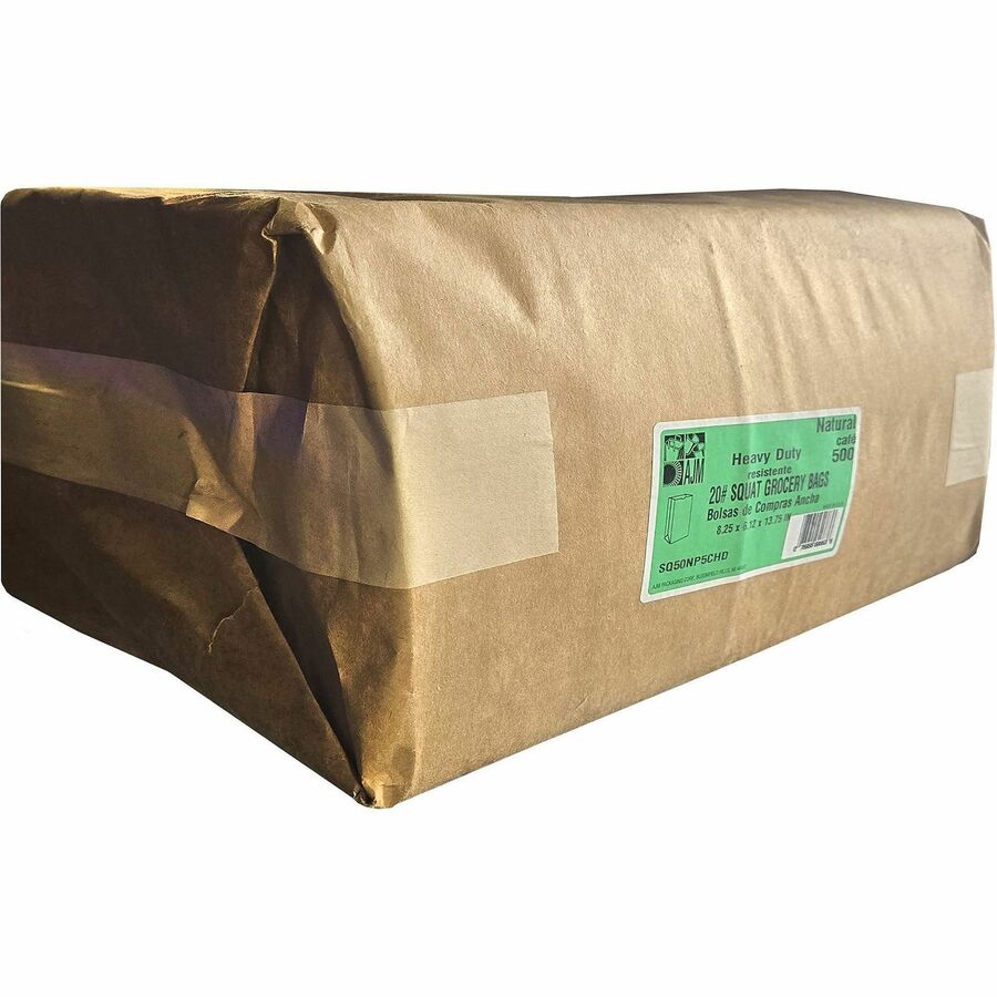 AJM #20 Squat Heavy-Duty Kraft Paper Grocery Bags - #20 - Natural Kraft - Paper - Grocery, Supplies - 500 / Carton