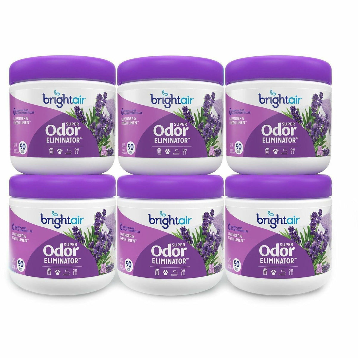 Bright Air Super Odor Eliminator Air Freshener - Gel - 14 fl oz (0.4 quart) - Lavender, Fresh Linen - 90 Day - 6 / Carto