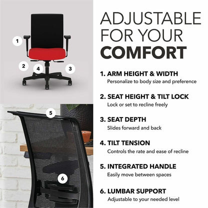 HON Convergence Synchro Tilt Task Chair - Black Back Color - Mesh Back Material - 5-star Base - Red - Armrest - 1 Each