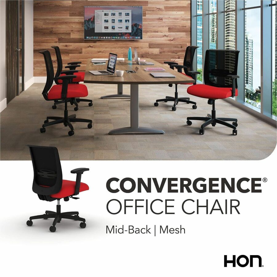 HON Convergence Synchro Tilt Task Chair - Black Back Color - Mesh Back Material - 5-star Base - Red - Armrest - 1 Each