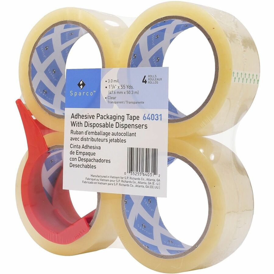 Sparco Heavy-duty Packaging Tape w/Dispenser - 3 mil Thickness - 3" Core - Clear - Acrylic Adhesive - Dispenser Included