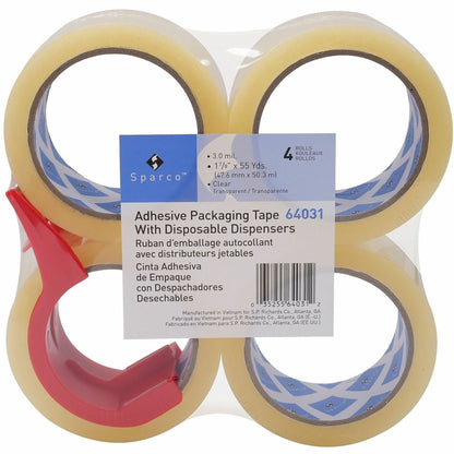 Sparco Heavy-duty Packaging Tape w/Dispenser - 3 mil Thickness - 3" Core - Clear - Acrylic Adhesive - Dispenser Included