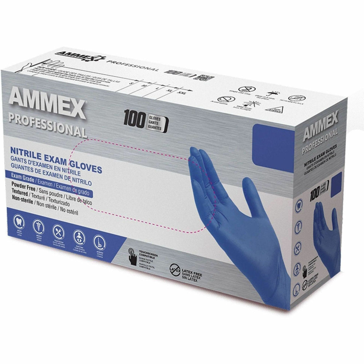 Ammex Nitrile Powder-Free Exam Gloves - 3 mil Thickness x 12.36" Glove Length - Body Fluid, Pathogen Protection - Large 