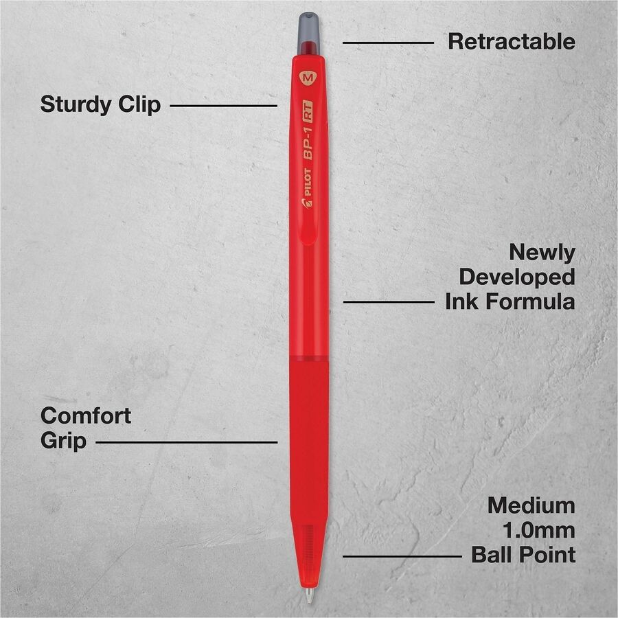 Pilot BP-1 RT Ballpoint Pens - 1.0 mm Pen Point - Retractable - Red Ink - Oil Based - Stainless Steel Tip - Writing, Sch