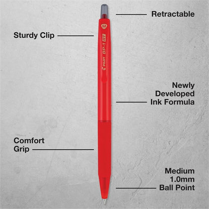 Pilot BP-1 RT Ballpoint Pens - 1.0 mm Pen Point - Retractable - Red Ink - Oil Based - Stainless Steel Tip - Writing, Sch