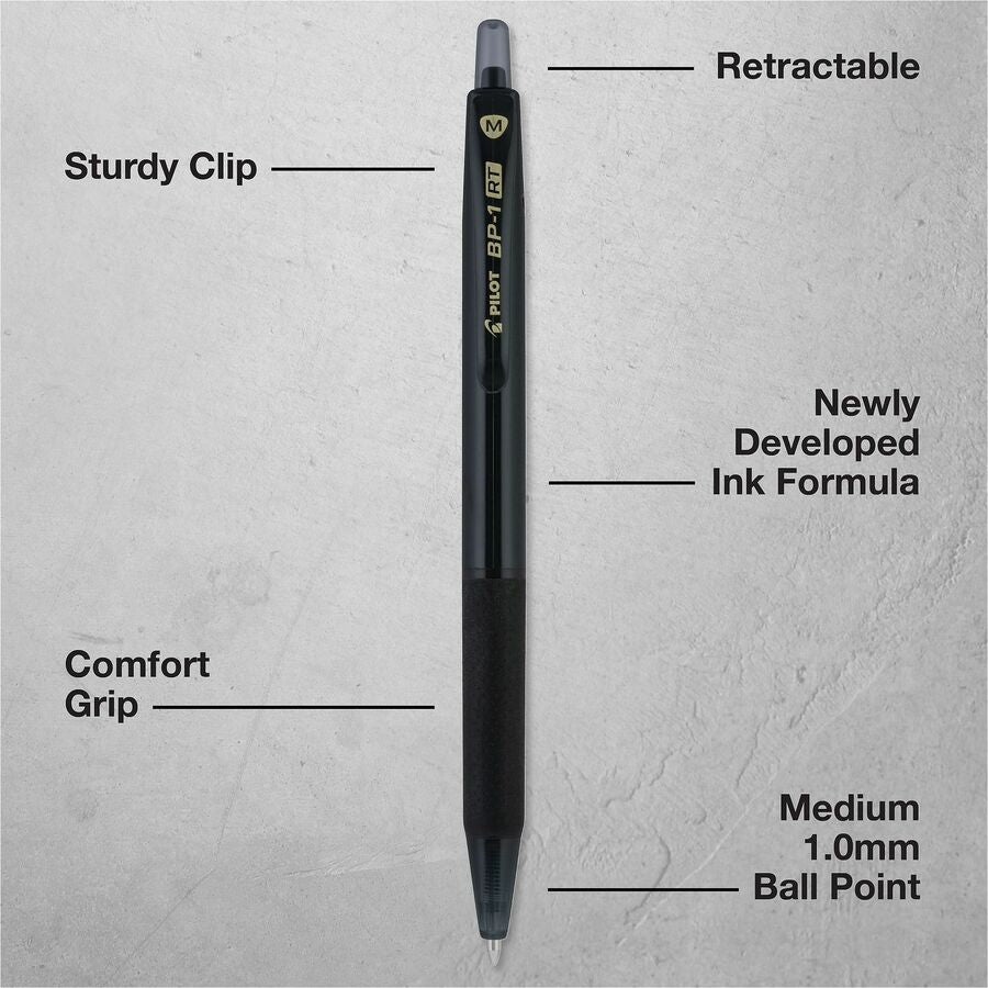 Pilot BP-1 RT Ballpoint Pens - 1.0 mm Pen Point - Retractable - Black Ink - Oil Based - Stainless Steel Tip - Writing, S