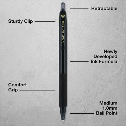 Pilot BP-1 RT Ballpoint Pens - 1.0 mm Pen Point - Retractable - Black Ink - Oil Based - Stainless Steel Tip - Writing, S