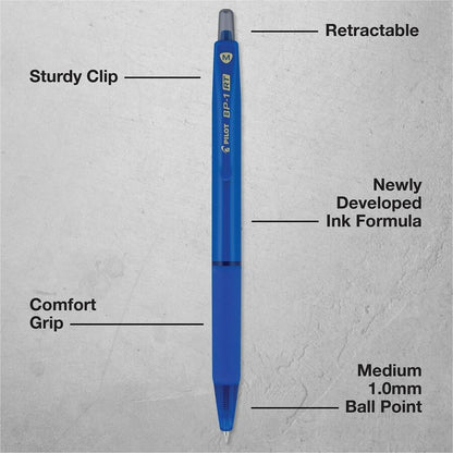 Pilot BP-1 RT Ballpoint Pens - 1.0 mm Pen Point - Retractable - Blue Ink - Oil Based - Stainless Steel Tip - Writing, Sc