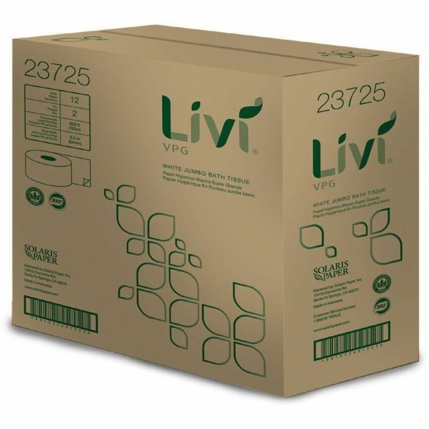 Livi Jumbo Bath Tissue - 2 Ply - Jumbo - 3.30" Width x 600 ft Length - 3 5/16" Core - Circle Embossing - Bright White - 