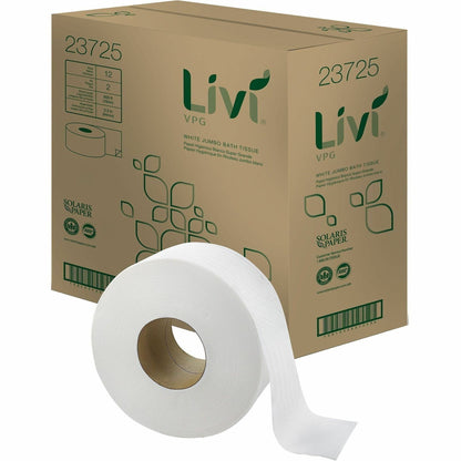 Livi Jumbo Bath Tissue - 2 Ply - Jumbo - 3.30" Width x 600 ft Length - 3 5/16" Core - Circle Embossing - Bright White - 