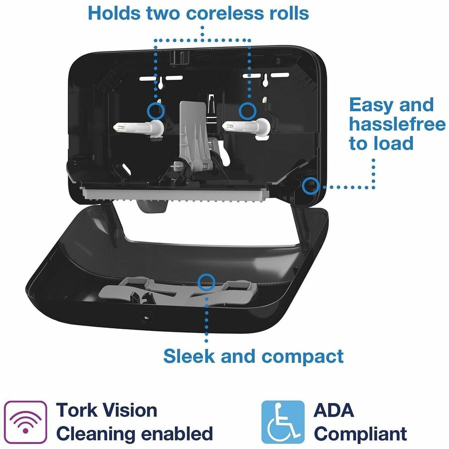 TORK OptiServe Coreless 2-Roll Bath Tissue System - 2 x Roll - 8.2" Height x 5.1" Width x 14.2" Depth - Plastic - Black 