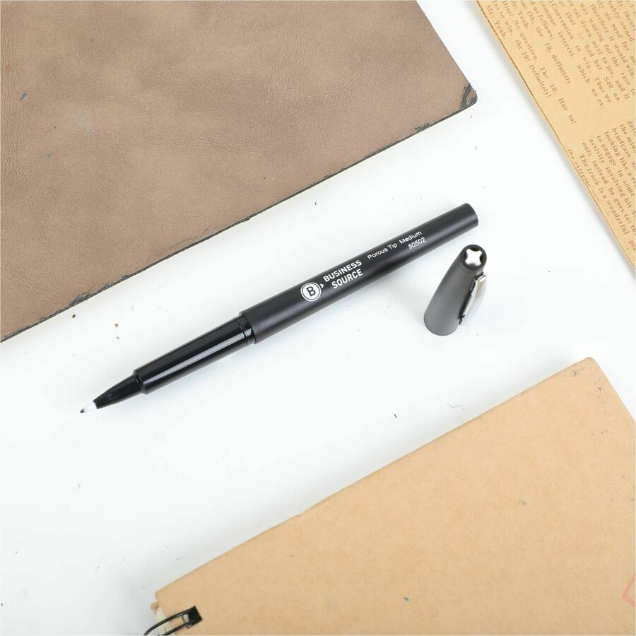 Business Source Porous Point Pens - 0.7 mm Medium Pen Point - Black Ink - Liquid - Drawing, Writing - 12 / Dozen