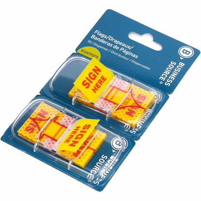 Business Source Sign Here Arrow Page Flags - 1" Flag/Note Width x 1 3/4" Flag/Note Length - Arrow - SIGN HERE - Yellow -