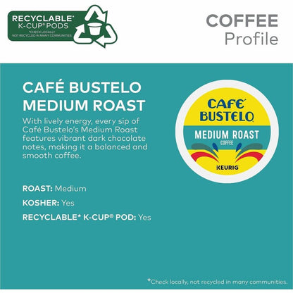 Café Bustelo K-Cup Medium-Roast Coffee - Compatible with Keurig Brewer - Medium - K-Cup - Dark Chocolate - Kosher - 22 /