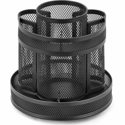 Lorell Multi-Compartment Rotating Desk Organizer - Rotate, Rubber Grip, Durable - Black - Rubber, Mesh, Metal - 1 Each