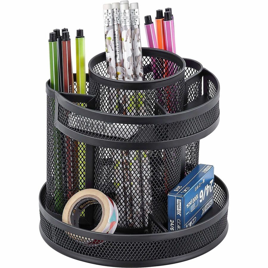 Lorell Multi-Compartment Rotating Desk Organizer - Rotate, Rubber Grip, Durable - Black - Rubber, Mesh, Metal - 1 Each