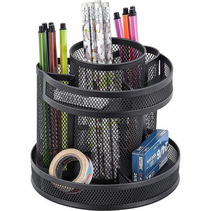 Lorell Multi-Compartment Rotating Desk Organizer - Rotate, Rubber Grip, Durable - Black - Rubber, Mesh, Metal - 1 Each