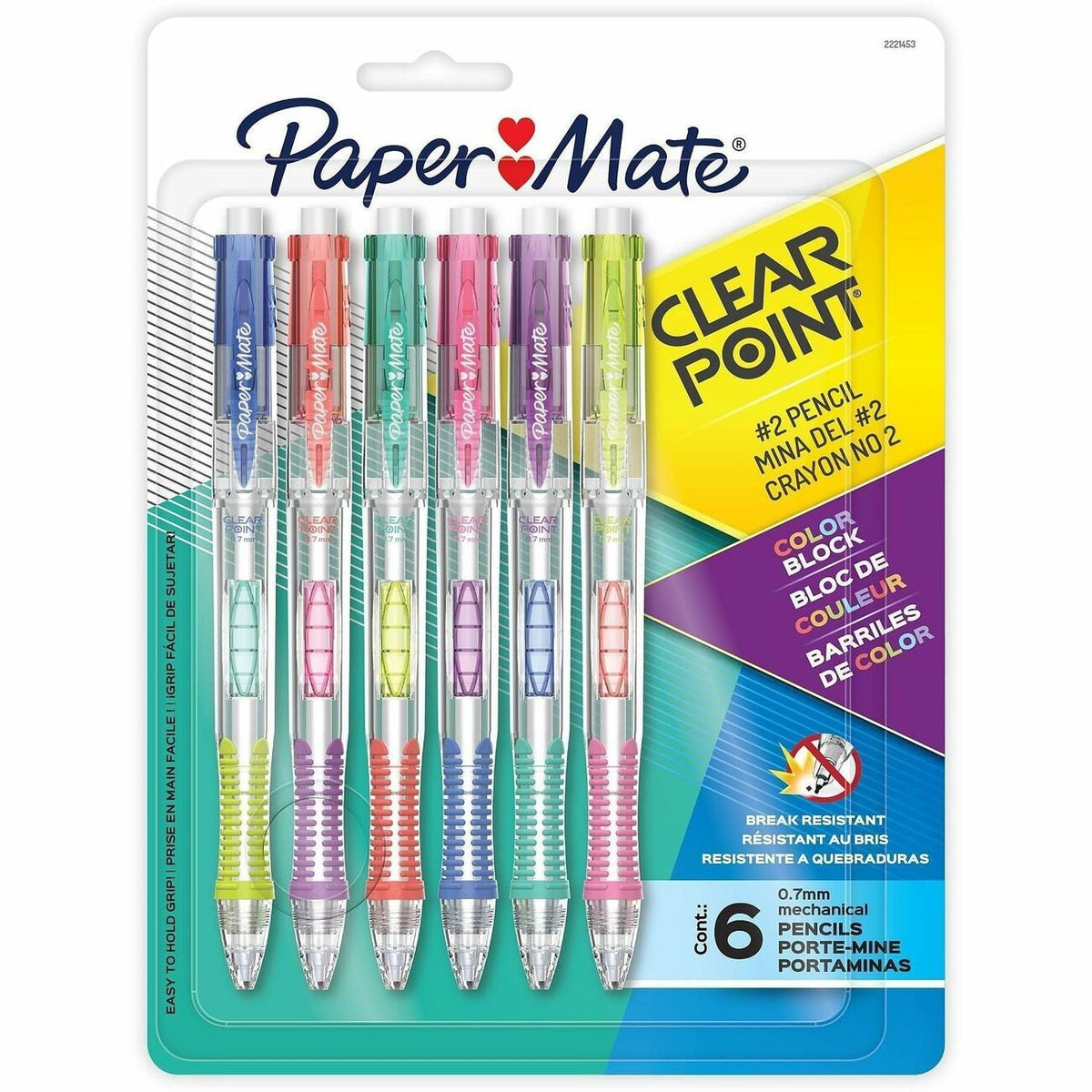 Paper Mate Clearpoint #2 Mechanical Pencils - 0.7 mm Lead - HB/#2 - Color Block Barrel - 6 / Pack