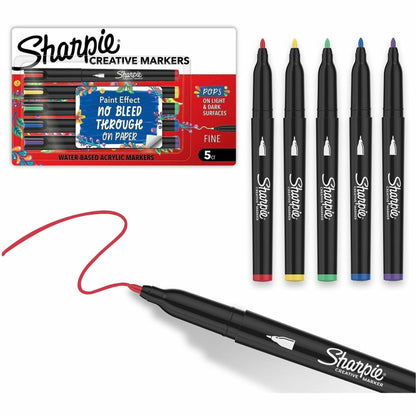 Sharpie Creative Markers - Assorted Ink - Water Based, Acrylic Based - Glass, Art, Coloring - 5 / Pack