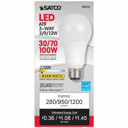 Satco A19 LED Frosted Bulb - 12 W - 100 W Incandescent Equivalent Wattage - 120 V - 1200 lm - A19 Size - Frosted - 1 Eac