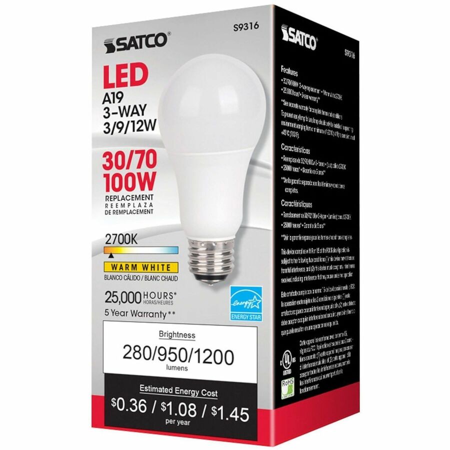 Satco A19 LED Frosted Bulb - 12 W - 100 W Incandescent Equivalent Wattage - 120 V - 1200 lm - A19 Size - Frosted - 1 Eac