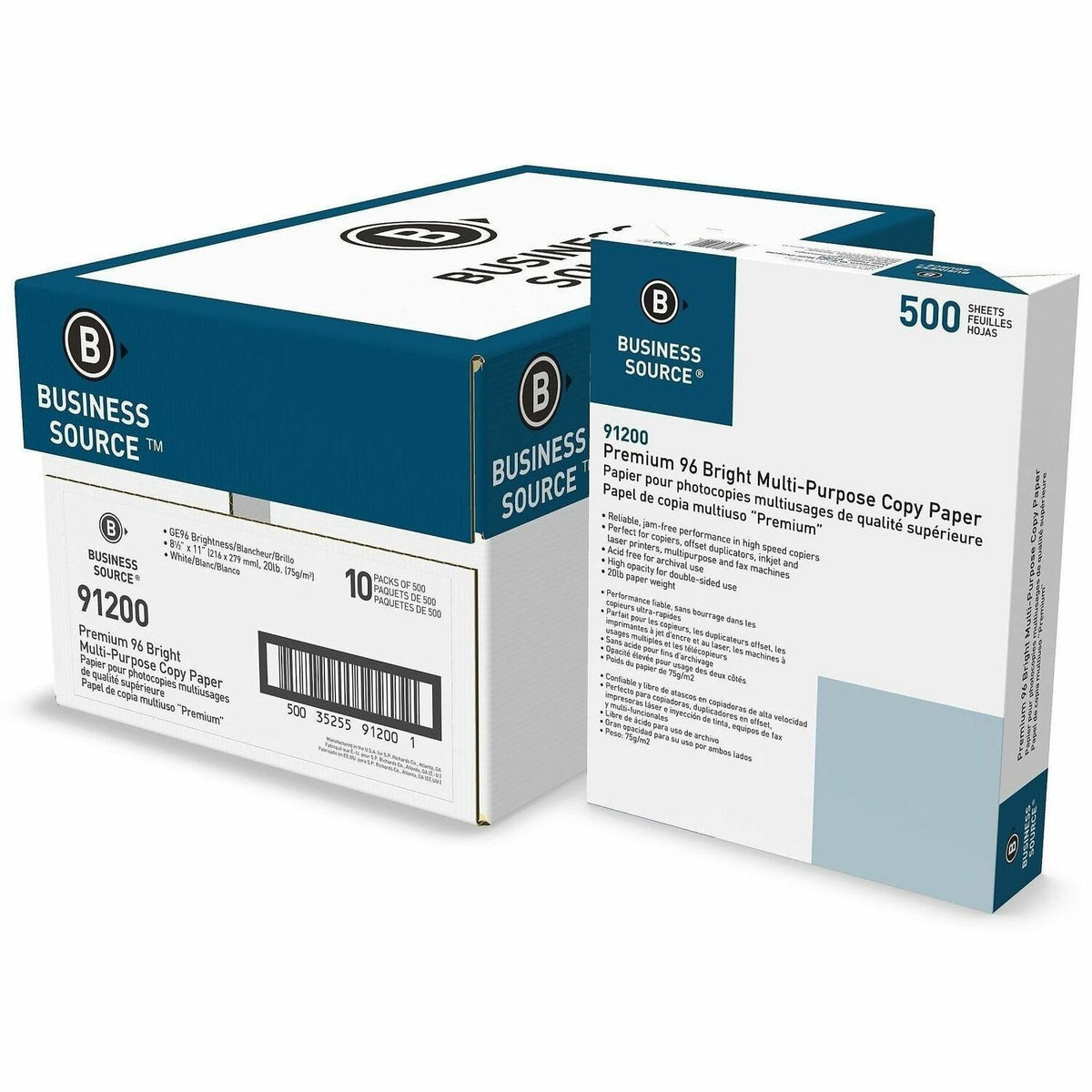 Business Source Premium Multi-purpose Copy Paper - 96 Brightness - Letter - 8 1/2" x 11" - 20 lb Basis Weight - 75 g/m² 