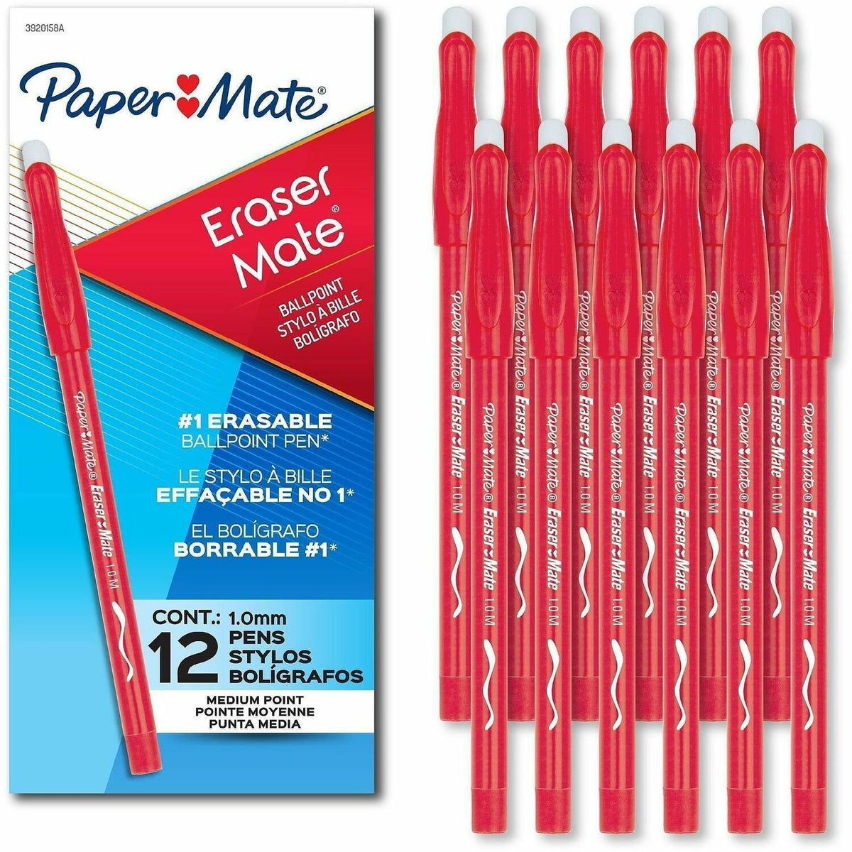 Paper Mate EraserMate Ballpoint Pens - 1.0 mm Bold, Medium Pen Point - Erasable - Red Ink - Red Barrel - Writing - 12 / 