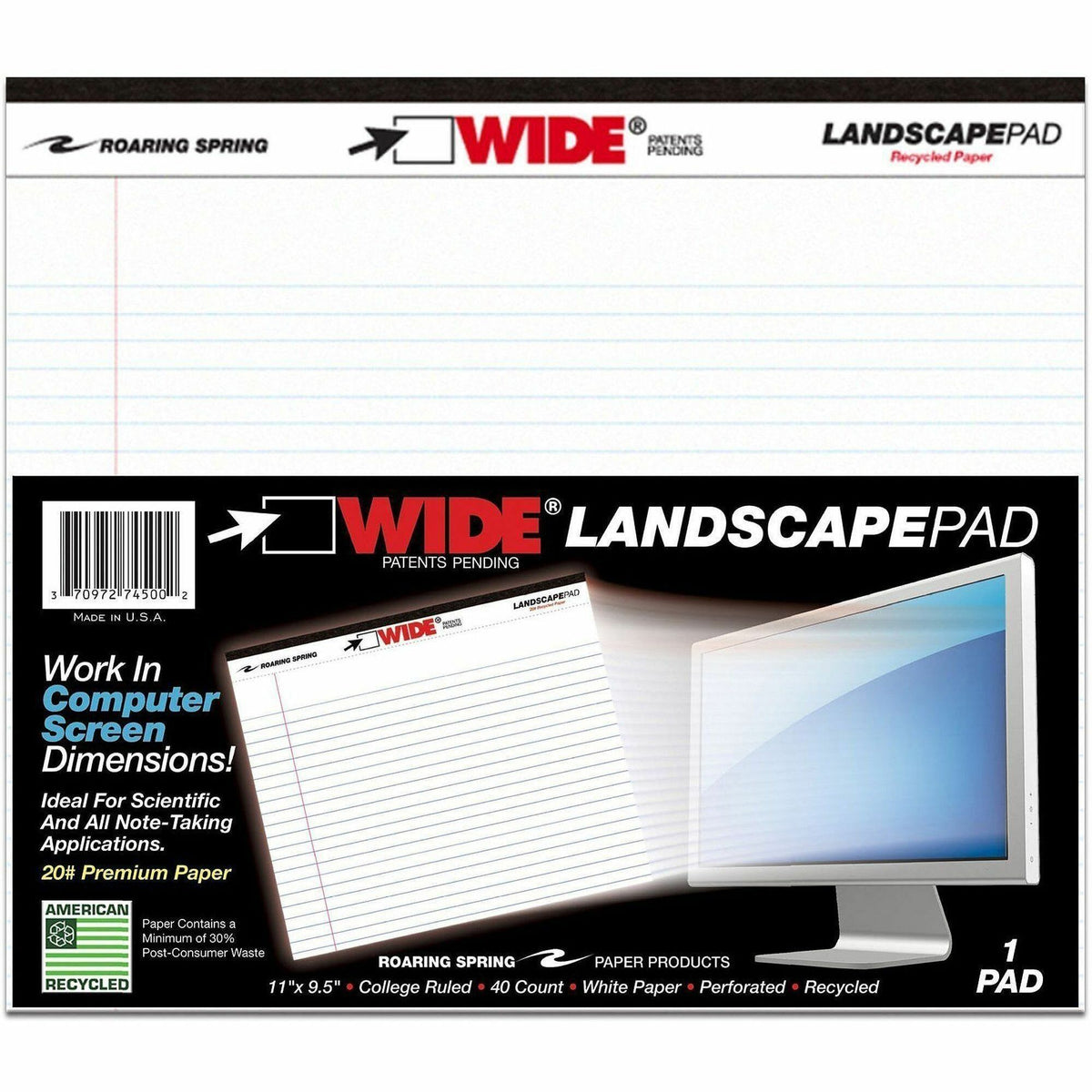Roaring Spring Wide Landscape White Writing Pads - 40 Sheets - 80 Pages - Stapled/Tapebound - Both Side Ruling Surface -