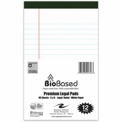 Roaring Spring Bio-Preferred Jr. Legal Pad - 40 Sheets - 80 Pages - Stapled/Tapebound - Both Side Ruling Surface - Ruled