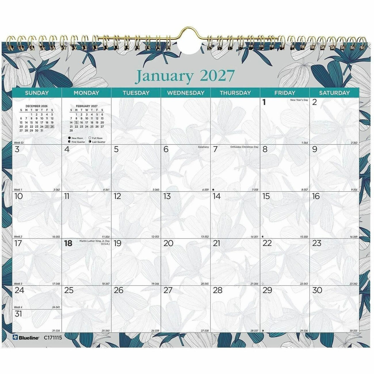 Blueline Garden Monthly Wall Calendar - Julian Dates - Monthly - 12 Month - January 2027 to December 2027 - 1 Month, 1 D