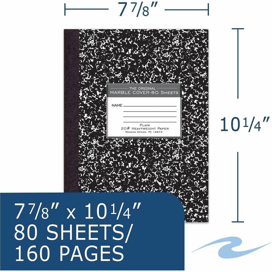 Roaring Spring Marble Unruled Composition Book - 80 Sheets - 160 Pages - Plain - Sewn/Tapebound - Unruled Front Ruling -