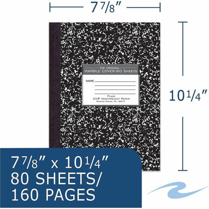 Roaring Spring Marble Unruled Composition Book - 80 Sheets - 160 Pages - Plain - Sewn/Tapebound - Unruled Front Ruling -