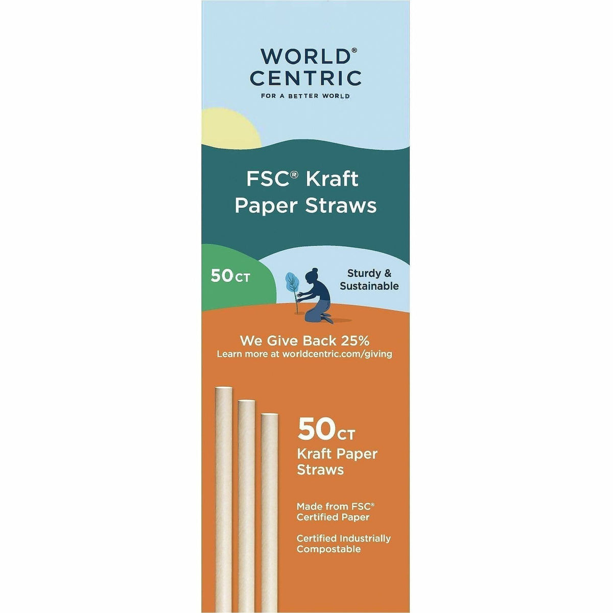 World Centric 8" Compostable Kraft Paper Straws - 8" Length - Kraft Paper - Beige - 50 / Pack