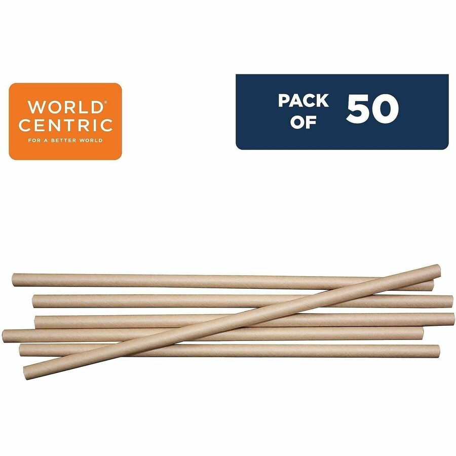 World Centric 8" Compostable Kraft Paper Straws - 8" Length - Kraft Paper - Beige - 50 / Pack