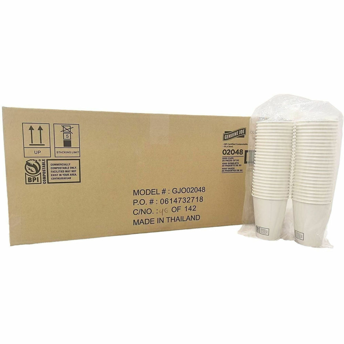 Genuine Joe BPI Certified Compostable Paper Cups - 12 fl oz - Leak Proof Closure - White - Paper, Polylactic Acid (PLA)